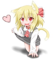 Rule 34 | 1girl, all fours, animal ears, ascot, blonde hair, blush, cat ears, cat girl, cat tail, clothes lift, collar, fang, female focus, hair ribbon, heart, kemonomimi mode, oden (th-inaba), open mouth, red eyes, ribbon, rumia, shirt, short hair, skirt, skirt lift, skirt set, smile, solo, tail, touhou, vest