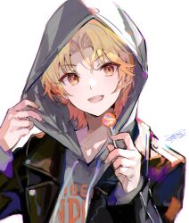 Rule 34 | 1boy, absurdres, blonde hair, brown jacket, candy, clothes writing, commentary, drawstring, english text, food, fuzichoco, gradient hair, grey hoodie, highres, holding, holding candy, holding food, holding lollipop, hood, hood up, hoodie, jacket, lapels, lollipop, looking at viewer, male focus, multicolored hair, official alternate costume, official alternate hairstyle, open mouth, orange eyes, orange hair, parted bangs, project sekai, signature, simple background, smile, solo, tenma tsukasa, upper body, white background, zozotown