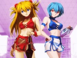 Rule 34 | 2girls, armband, ayanami rei, bare shoulders, blue eyes, blue hair, blue panties, breasts, choker, closed mouth, collarbone, covered erect nipples, feet out of frame, female focus, hair ornament, hand on own hip, kobayashi yuji, legs apart, lips, long hair, looking at viewer, multiple girls, navel, neon genesis evangelion, panties, parted lips, red eyes, red hair, red panties, short hair, skirt, small breasts, smile, souryuu asuka langley, standing, underwear, wristband