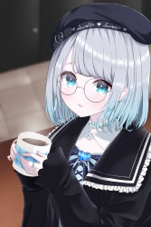 Rule 34 | 1girl, :3, absurdres, beret, black hat, black jacket, blue bow, blue bowtie, blue eyes, blue hair, blurry, blurry background, bow, bowtie, brooch, character name, choker, coffee, coffee mug, cup, detached collar, frills, glasses, gradient hair, grey-framed eyewear, grey hair, hat, heart, heart-shaped gem, highres, holding, holding cup, hot drink, indoors, jacket, jewelry, kaga sumire, long sleeves, looking at viewer, medium hair, mug, multicolored hair, o takibi, open mouth, ring, sleeves past wrists, smile, solo, tilted headwear, two-tone hair, upper body, virtual youtuber, vspo!, white bow, white choker