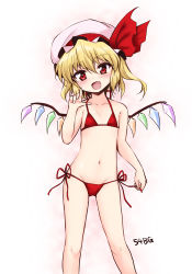 Rule 34 | 1girl, alternate costume, bikini, blonde hair, fang, flandre scarlet, groin, long hair, looking at viewer, marugoshi (54burger), open mouth, red bikini, red eyes, side-tie bikini bottom, side ponytail, simple background, smile, solo, swimsuit, touhou, white background, wings