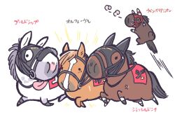 Rule 34 | bridle, chibi, commentary, ear covers, gentildonna (racehorse), glowing, gold ship (racehorse), highres, hood, horse, jumping, midair, no humans, o-ring, orfevre (racehorse), race bib, real life, simple background, speed lines, takatsuki nato, tongue, tongue out, translated, veins, white background, win variaton (racehorse)