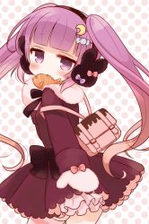 Rule 34 | 1girl, alternate costume, backpack, bad id, bad pixiv id, bag, black bow, black ribbon, bow, candy, crescent, crescent hair ornament, dress, earmuffs, food, hair ornament, hairclip, jitome, long hair, long sleeves, looking at viewer, mashiro miru, mittens, mouth hold, patchouli knowledge, polka dot, polka dot background, purple bow, purple dress, purple eyes, purple hair, purple ribbon, rabbit earmuffs, rabbit hair ornament, red bow, red ribbon, ribbon, solo, striped clothes, striped thighhighs, taiyaki, takoyaki, thighhighs, touhou, twintails, very long hair, wagashi, winter clothes, zettai ryouiki