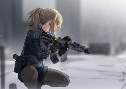 Rule 34 | 1girl, assault rifle, blonde hair, blurry, blurry background, earrings, gloves, gun, handgun, highres, jacket, jewelry, kalashnikov rifle, original, patch, ponytail, reloading, rff (3 percent), rifle, shorts, shoulder patch, snow, solo, squatting, striped clothes, striped jacket, weapon