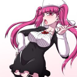 Rule 34 | 1girl, bleach, blush, breasts, curvy, dokugamine riruka, hanya (hanya yashiki), hat, large breasts, long hair, looking at viewer, open mouth, pink eyes, pink hair, shiny skin, simple background, solo, tsundere, twintails, upper body