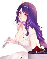 Rule 34 | 1girl, bare shoulders, blueberry, braid, breasts, cake, cherry, cleavage, collarbone, dress, food, food on body, food on breasts, food on clothes, fork, fruit, genshin impact, hair intakes, highres, holding, holding fork, jesse (pixiv34586727), long hair, medium breasts, multicolored hair, nail polish, parted lips, pink eyes, pink hair, pink lips, purple hair, purple nails, raiden shogun, simple background, single braid, sitting, sleeveless, sleeveless dress, smile, solo, strap slip, swept bangs, two-tone hair, very long hair, white background, white dress