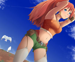 Rule 34 | 10s, 1girl, armlet, armpits, arms behind head, bellows (suisei no gargantia), belt, blue thighhighs, breasts, garter straps, ginsyu, highres, midriff, navel, ponytail, red hair, short shorts, shorts, smile, suisei no gargantia, suspenders, tank top, thighhighs, tool belt, white thighhighs