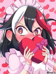 Rule 34 | 1girl, @ @, alternate costume, black hair, blush, bmkro, candy, chocolate, chocolate heart, commentary request, cone horns, covering own mouth, ear blush, embarrassed, enmaided, food, heart, heart background, highres, horns, kijin seija, maid, maid headdress, medium hair, multicolored hair, raised eyebrow, red eyes, red hair, signature, solo, spanish commentary, touhou, twitter username, upper body, white hair, wrist cuffs