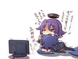 Rule 34 | 10s, 2girls, = =, blue hair, blush stickers, chibi, cushion, halo, hand on head, headgear, holding hands, kantai collection, lap pillow, mechanical halo, multiple girls, open mouth, personification, purple hair, reku, scared, school uniform, sitting, skirt, tatsuta (kancolle), television, tenryuu (kancolle), thighhighs, translated, trembling
