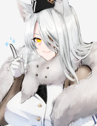Rule 34 | 1girl, breasts, character request, closed mouth, coat, copyright request, fur collar, gloves, hair over one eye, hand up, hat, hayabusa, highres, index finger raised, large breasts, long hair, looking at viewer, one eye covered, orange eyes, simple background, slit pupils, smile, solo, symbol-only commentary, white background, white coat, white gloves, white hair
