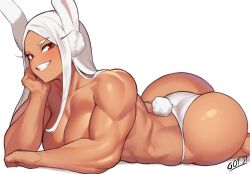 Rule 34 | 1girl, absurdres, animal ear fluff, animal ears, artist name, ass, biceps, boku no hero academia, breasts, commentary, dark-skinned female, dark skin, elbow rest, got ji (gojich1), grin, hand on own cheek, hand on own face, head rest, highres, large breasts, light blush, long eyelashes, long hair, looking at viewer, lying, mirko, muscular, muscular female, on stomach, panties, parted bangs, rabbit ears, rabbit girl, rabbit tail, red eyes, simple background, smile, solo, string panties, symbol-only commentary, tail, thong, topless, underwear, white background, white hair, white panties