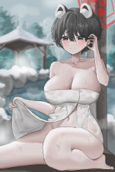 Rule 34 | 1girl, absurdres, animal ears, black hair, blue archive, blurry, blurry background, blush, breasts, cleavage, extra ears, halo, highres, jelly soda, large breasts, looking at viewer, naked towel, navel, onsen, raccoon ears, short hair, sitting, smile, solo, stomach, towel, tsubaki (blue archive), wet towel