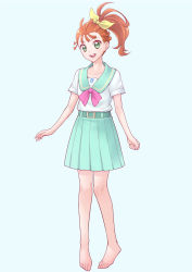 Rule 34 | 1girl, :d, aozora middle school uniform, barefoot, blue background, brown hair, collarbone, full body, green eyes, green sailor collar, green skirt, hair ribbon, highres, natsuumi manatsu, ogry ching, open mouth, pleated skirt, precure, ribbon, round teeth, sailor collar, school uniform, serafuku, shirt, side ponytail, simple background, skirt, smile, solo, standing, teeth, tropical-rouge! precure, upper teeth only, white shirt, yellow ribbon