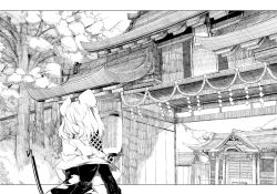 Rule 34 | 1girl, animal ears, architecture, building, capelet, dowsing rod, east asian architecture, female focus, from behind, greyscale, hidori (hibi toridori), lantern, monochrome, mouse ears, nazrin, paper lantern, rope, shimenawa, short hair, shrine, solo, temple, touhou, tree, upper body