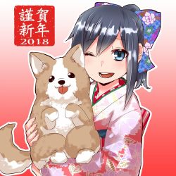 Rule 34 | 1girl, 2018, :d, akeome, asashio (kancolle), blue eyes, bow, chinese zodiac, commentary request, dog, fingernails, floral print, gradient background, hair bow, happy new year, japanese clothes, kantai collection, kimono, long sleeves, new year, obi, one eye closed, open mouth, red background, sash, smile, solo, soubi, wide sleeves, year of the dog