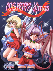 Rule 34 | 2girls, bat wings, christmas, dress, halo, maki (seventh heaven maxion), multiple girls, pointy ears, santa costume, strapless, strapless dress, tail, thighhighs, wings