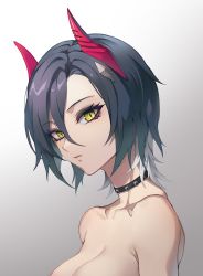 Rule 34 | 1girl, areola slip, azur lane, black choker, black hair, breasts, choker, cleavage, gradient background, grey background, hair between eyes, highres, horns, looking at viewer, mechanical horns, medium breasts, multicolored hair, out-of-frame censoring, short hair, solo, streaked hair, two-tone hair, ulrich von hutten (azur lane), upper body, white hair, yellow eyes, zzzearly