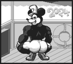 Rule 34 | 1boy, ass, bara, broly culo (meme), commentary, dewndeym, disney, english commentary, from behind, furry, furry male, greyscale, grin, half-closed eyes, lifebuoy, looking at viewer, looking back, lowres, male focus, meme, mickey mouse, monochrome, mouse boy, pixel art, smile, squatting, steamboat willie, swim ring, tiptoes
