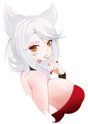 Rule 34 | 1girl, alternate breast size, animal ears, bare shoulders, breasts, bridal gauntlets, closed mouth, covered erect nipples, cropped torso, erune, fraux, from side, granblue fantasy, large breasts, long hair, looking at viewer, looking to the side, nail polish, orange eyes, red nails, sideboob, smile, solo, strapless, swept bangs, toki to shishin, upper body, white hair