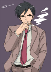 Rule 34 | 1boy, belt, black belt, black eyes, black hair, brown jacket, character name, cigarette, collared shirt, commentary request, covered mouth, hand in pocket, hand to own mouth, hand up, honjou kirou, jacket, kaze tachinu, kiichi (kini), long sleeves, looking to the side, male focus, necktie, open clothes, open jacket, purple background, red necktie, shirt, short hair, sideways glance, simple background, smoke, smoking, solo, standing, upper body, white shirt