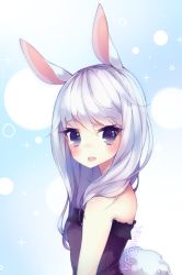 Rule 34 | 1girl, animal ears, anny (yoai), artist name, bare shoulders, blue background, blue eyes, blush, facing viewer, fake animal ears, from side, gradient background, leotard, long hair, looking at viewer, open mouth, original, playboy bunny, rabbit ears, rabbit girl, rabbit tail, silver hair, simple background, solo, sparkle, sparkle background, sparkling eyes, strapless, tail, upper body, watermark, white background