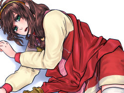 Rule 34 | 1girl, brown hair, cape, coat, green eyes, hairband, lilka eleniak, long hair, low-tied long hair, lying, mutsugusa, on side, skirt, solo, thighhighs, white background, white thighhighs, wild arms, wild arms 2, yellow hairband