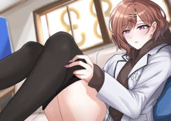 Rule 34 | 1girl, :o, black pantyhose, blazer, blush, brown hair, brown hoodie, couch, grey jacket, hair ornament, hairclip, hairpin, highres, higuchi madoka, hood, hoodie, idolmaster, idolmaster shiny colors, indoors, jacket, legs up, looking down, mole, mole under eye, nail polish, on couch, pantyhose, partially undressed, red eyes, school uniform, shitamichi, sitting, solo, sunlight, thighs, wavy hair