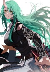Rule 34 | 1girl, arknights, armband, belt, black belt, black shirt, breasts, clothing cutout, commentary, cowboy shot, facial scar, floating hair, green hair, grin, hair between eyes, hannya, highres, horns, hoshiguma (arknights), large breasts, long hair, long sleeves, looking at viewer, mtk (souko), pants, scar, scar on cheek, scar on face, shirt, shoulder cutout, signature, simple background, single horn, skin-covered horns, smile, solo, teeth, turtleneck, v-shaped eyebrows, white background, white pants, yellow eyes