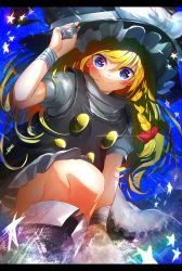 Rule 34 | 1girl, absurdres, bandaged fingers, bandaged wrist, bandages, black hat, black vest, blonde hair, blue background, blue eyes, bow, braid, buttons, closed mouth, double-breasted, glint, grey shirt, hair bow, hat, highres, kirisame marisa, letterboxed, looking at viewer, niwarhythm, puffy short sleeves, puffy sleeves, red bow, shirt, short sleeves, smile, solo, touhou, vest, wide-eyed, witch hat