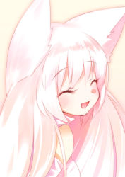 Rule 34 | 10s, 1girl, ^ ^, animal ears, bare shoulders, closed eyes, detached sleeves, ech, eyelashes, face, from side, happy, kyubey, long hair, looking back, mahou shoujo madoka magica, mahou shoujo madoka magica (anime), open mouth, personification, simple background, smile, solo, turtleneck, white hair