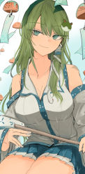 Rule 34 | 1girl, absurdres, bad id, bad twitter id, blue skirt, breasts, cleavage, closed mouth, collarbone, detached sleeves, frog hair ornament, gohei, green eyes, green hair, hair between eyes, hair ornament, highres, japanese clothes, kochiya sanae, long hair, looking at viewer, miko, necro (nekurodayo), pleated skirt, shirt, skirt, sleeveless, sleeveless shirt, smile, snake hair ornament, solo, touhou, white shirt, white sleeves, wide sleeves, wind chime