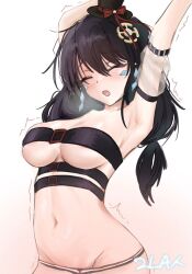 Rule 34 | 1girl, armpits, arms up, artist request, bare shoulders, belt, belt bra, bikini, bikini bottom only, black bikini, black hair, black hat, breasts, breath, closed eyes, commission, detached sleeves, elsword, eve (2nas) (elsword), eve (elsword), facial mark, hair ornament, hat, highres, long hair, low-tied long hair, medium breasts, micro bikini, mini hat, mini top hat, motion lines, multiple belts, navel, open mouth, second-party source, see-through, see-through sleeves, short sleeves, solo, stomach, stretching, swimsuit, top hat