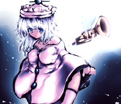 1girl blue_eyes collarbone female_focus hat instrument merlin_prismriver moura_(kenyuugetu) poncho solo thighhighs touhou trumpet white_hair white_thighhighs