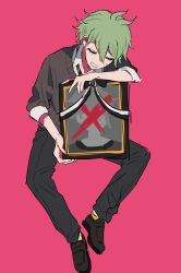 Rule 34 | 1boy, ahoge, amami rantaro, bare arms, brown vest, closed eyes, commentary request, d4ng4nn6bu12, danganronpa (series), danganronpa v3: killing harmony, eyelashes, full body, green hair, grey pants, hair between eyes, holding drawing, iei, male focus, necktie, pants, pink background, shirt, short hair, short sleeves, simple background, solo, spoilers, striped necktie, striped neckwear, sweatdrop, vest, white shirt