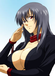 Rule 34 | 1girl, aoba, breast hold, breasts, cleavage, closed mouth, collarbone, glasses, gradient background, grey hair, hair between eyes, hand up, large breasts, long hair, long sleeves, naughty face, neck, original, red eyes, smile, solo, straight hair, upper body