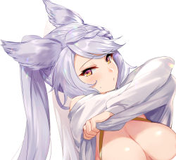 Rule 34 | 1girl, aki663, animal ears, blush, bow, braid, breasts, cleavage, closed mouth, erune, fraux, granblue fantasy, large breasts, lifting own clothes, lips, long hair, long sleeves, looking at viewer, shiny skin, silver hair, simple background, smile, solo, undressing, white background, yellow eyes