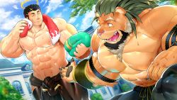 Rule 34 | 2boys, animal ears, arsalan (tokyo houkago summoners), bara, beard, black hair, bodysuit, bulge, closed mouth, clothing cutout, cloud, couple, facial hair, fire, flaming halo, furry, furry male, furry with non-furry, green hair, halo, interspecies, kira nerisu, large pectorals, long hair, looking at another, male focus, multiple boys, muscular, official art, pectorals, pelvic curtain, skin tight, sky, smile, stubble, thigh cutout, thighs, tokyo houkago summoners, topless male, towel, upper body, yellow eyes, zabaniyya (housamo)