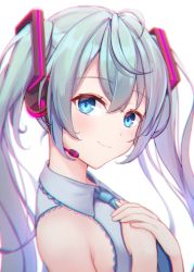 Rule 34 | 1girl, aqua hair, aqua necktie, blue eyes, closed mouth, collarbone, commentary, hands on own chest, hatsune miku, headset, long hair, looking at viewer, necktie, obustat, simple background, smile, solo, twintails, upper body, vocaloid, white background