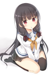 Rule 34 | 10s, 1girl, bad id, bad pixiv id, black hair, black skirt, black thighhighs, blush, chm (macharge), gloves, unworn gloves, isokaze (kancolle), kantai collection, long hair, looking at viewer, mouth hold, red eyes, school uniform, serafuku, single thighhigh, sitting, skirt, solo, thighhighs, wariza, white gloves