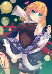 Rule 34 | 1girl, :t, black skirt, blonde hair, blush, breasts, bridge, brown shirt, closed mouth, commentary, covered navel, feet out of frame, green eyes, hair between eyes, highres, looking at viewer, medium bangs, medium hair, mizuhashi parsee, off shoulder, parsee day, penglai tea, pixel art, pout, railing, scarf, shirt, skirt, sleeveless, sleeveless shirt, small breasts, solo, touhou, v-shaped eyebrows, white scarf