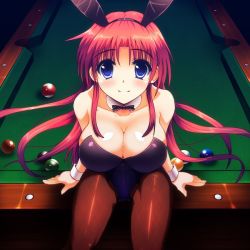 Rule 34 | 1girl, animal ears, bad id, bad pixiv id, ball, bare shoulders, billiard ball, billiards, blue eyes, blush, breasts, cleavage, detached collar, fake animal ears, fishnet pantyhose, fishnets, higa, large breasts, leotard, long hair, looking at viewer, original, pantyhose, playboy bunny, pool table, rabbit ears, red hair, sitting, smile, solo, table, wrist cuffs