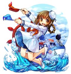 Rule 34 | 1girl, braid, deemo, deemo (character), flag, full body, girl (deemo), harrymiao, highres, invite (deemo), jumping, looking at viewer, sailor, ship, shorts, smile, song name, twin braids, water, watercraft