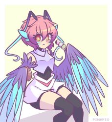 Rule 34 | 1girl, :t, animal ears, artist name, bare shoulders, bird ears, black thighhighs, blue wings, blush, bread bun, commentary, commission, covered navel, dango, eating, english commentary, facial mark, feathered wings, feathers, food, food bite, gradient eyes, hair between eyes, harpy, holding, holding food, looking at viewer, medium hair, monster girl, multicolored eyes, multicolored wings, original, pink hair, pinkpio1, purple wings, red eyes, sanshoku dango, sleeveless, solo, thighhighs, two-tone background, wagashi, white background, winged arms, wings, yellow background, yellow eyes