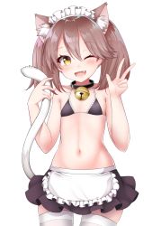Rule 34 | 1girl, ;d, animal ears, apron, bell, bikini, bikini top only, black bikini, black collar, black skirt, blush, brown eyes, brown hair, brown skirt, cat ears, cat girl, cat tail, collar, commentary request, cowboy shot, fingernails, flat chest, frilled apron, frilled bikini, frilled bikini top, frills, hair between eyes, hands up, highres, jingle bell, kantai collection, kemonomimi mode, kirigakure (kirigakure tantei jimusho), looking at viewer, maid, maid bikini, maid headdress, miniskirt, navel, neck bell, one eye closed, open mouth, pleated skirt, ryuujou (kancolle), sidelocks, simple background, skirt, smile, solo, swimsuit, tail, tail raised, thighhighs, twintails, unconventional maid, w, waist apron, white apron, white background, white thighhighs, yellow eyes