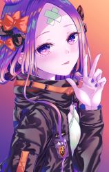 Rule 34 | 1girl, abigail williams (fate), abigail williams (traveling outfit) (fate), black bow, black jacket, bow, breasts, brown hair, camisole, cleavage, commentary request, crossed bandaids, fate/grand order, fate (series), frilled camisole, frills, gradient background, green camisole, hair bow, hand up, highres, jacket, kinom (sculpturesky), long sleeves, looking at viewer, looking to the side, nail polish, open clothes, open jacket, orange background, orange bow, parted bangs, polka dot, polka dot bow, purple background, purple nails, small breasts, solo, star (symbol), w
