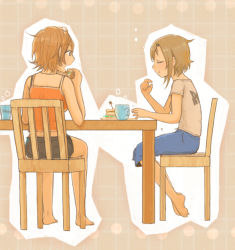 Rule 34 | 10s, 2girls, bad id, bad pixiv id, bare shoulders, barefoot, brown hair, chair, closed eyes, cup, eating, emu (emum), food, from behind, from side, idolmaster, idolmaster cinderella girls, kimura natsuki, looking at another, multiple girls, open mouth, pants, profile, sandwich, shirt, short hair, shorts, sitting, t-shirt, table, tada riina, tank top