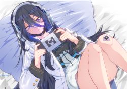 Rule 34 | 1girl, artist name, bandaid, bandaid on knee, bandaid on leg, bed, bed sheet, black hair, black nails, choker, commentary, exia (nikke), goddess of victory: nikke, hair between eyes, handheld game console, headphones, highres, holding, long hair, long sleeves, looking at viewer, lying, nail polish, namatyoco, on back, on bed, pillow, purple eyes, solo, thighs
