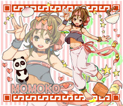 Rule 34 | 1girl, anklet, armband, artist request, baggy pants, barefoot, belt, bracelet, brown hair, choker, earrings, feet, food, happy, headband, heart, jewelry, midriff, momoko (kof), nail polish, navel, necklace, noodles, panda, pants, ramen, star (symbol), striped, striped background, tank top, the king of fighters, the king of fighters xi, toenail polish, toenails, waving, zoom layer