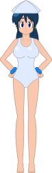 Rule 34 | abstract, absurdres, barefoot, blue eyes, blue hair, breasts, colored outlines, cosplay, dark blue hair, hands on own hips, hat, highres, hinata aki, ikamusume (cosplay), keroro gunsou, large breasts, one-piece swimsuit, ponytail, smile, solo, swimsuit, wristband