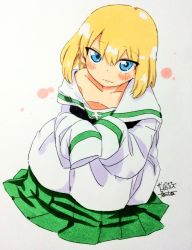 Rule 34 | 10s, 1girl, alternate costume, artist name, black neckerchief, blonde hair, blouse, blue eyes, blush, closed mouth, commentary, fanta (the banana pistols), girls und panzer, green skirt, highres, katyusha (girls und panzer), light frown, long sleeves, looking at viewer, miniskirt, neckerchief, off shoulder, ooarai school uniform, oversized clothes, pleated skirt, school uniform, serafuku, shirt, short hair, signature, sitting, skirt, sleeves past wrists, solo, traditional media, white shirt